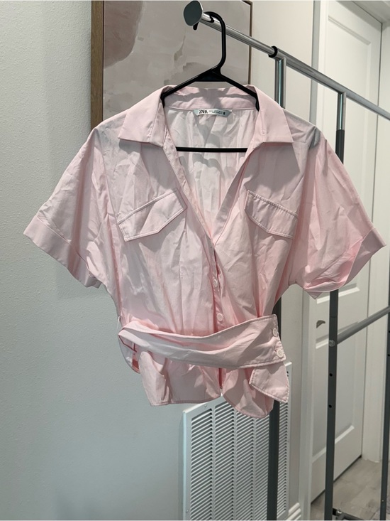 Zara Tops - Zara Light Pink Short-Sleeve Wrap Button-Down Shirt